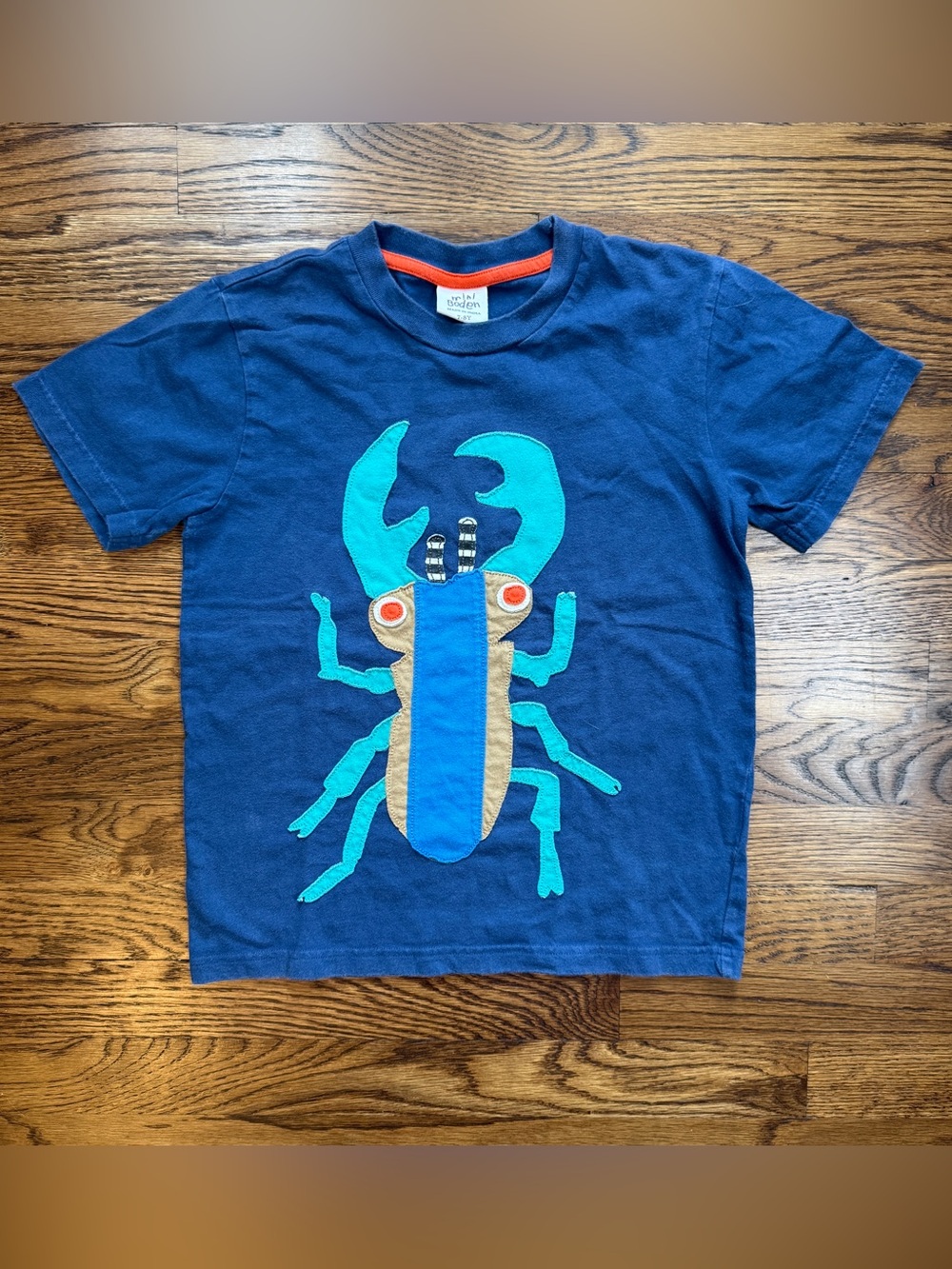Mini Boden Boys Navy Blue Tee with Turquoise Beetle Bug Appliqué Size 7-8